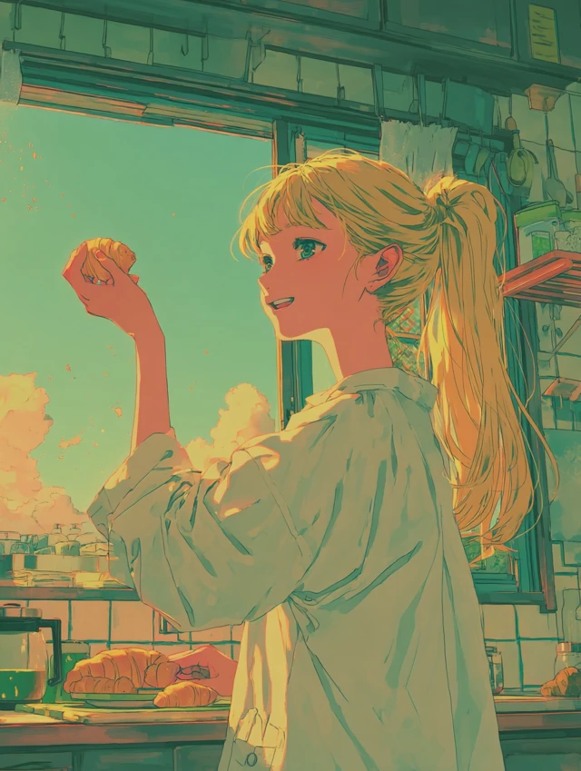 Anime Elf Girl with Croissant in Sunny Kitchen