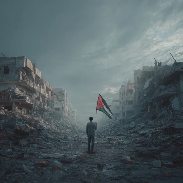Man in Palestine Holding Flag Amidst Destruction