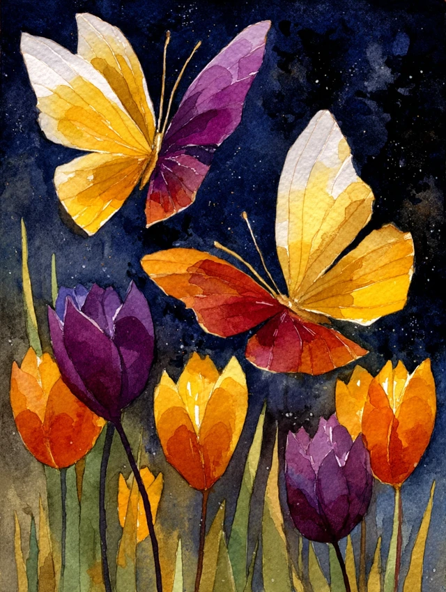 Butterflies and Tulips Watercolor Painting