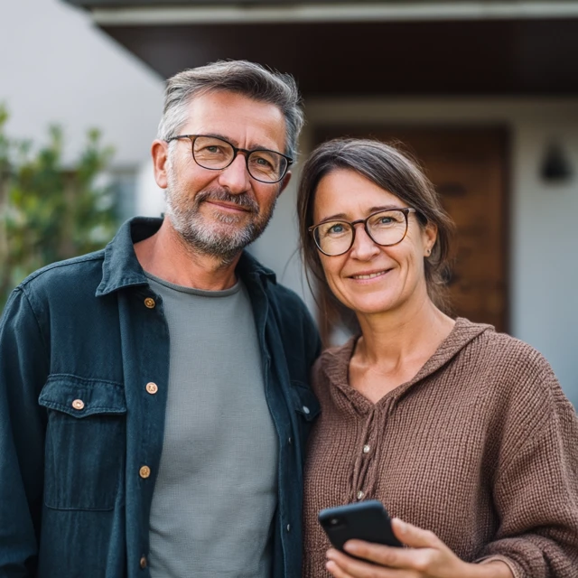 Happy Couple Standing in Front of Their House