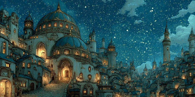 Fantasy Cityscape Night Scene Wallpaper Illustration