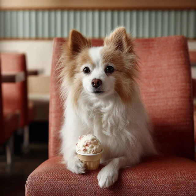 Cute Spitz Dog Enjoying Ice Cream in a Restaurant
