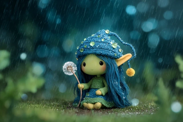 Cute Fairy with Blue Hair Holding Dandelion