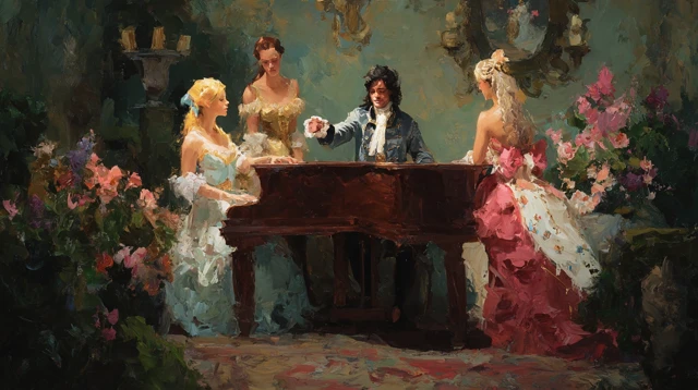 Rococo Gentleman Plays Piano for Ladies Painting