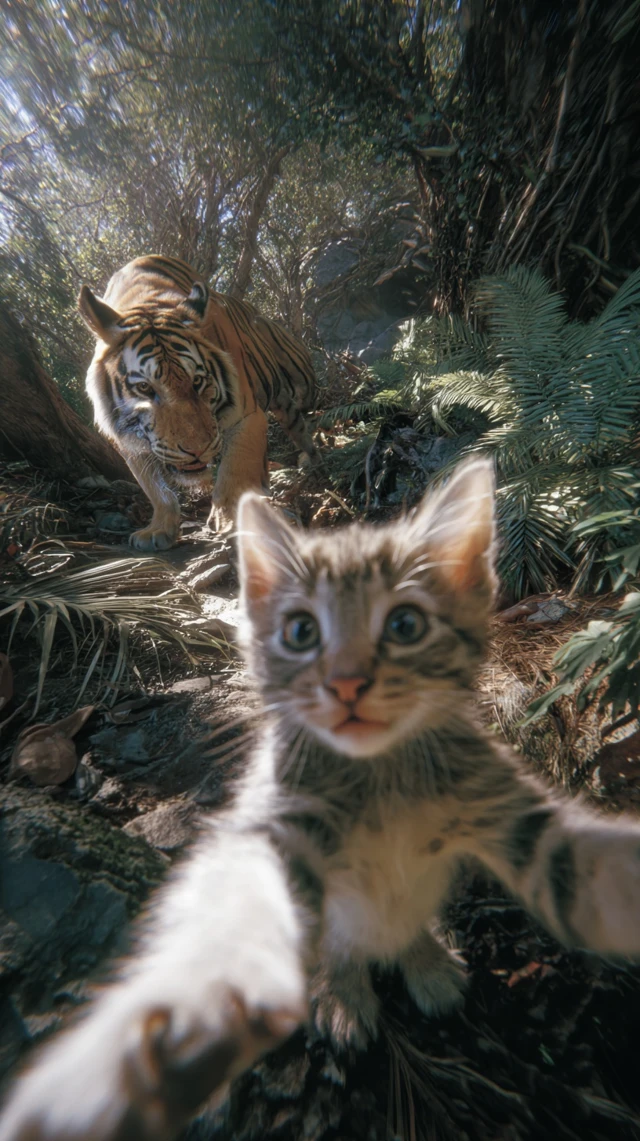 Kitten Selfie Chased by Tiger in Jungle