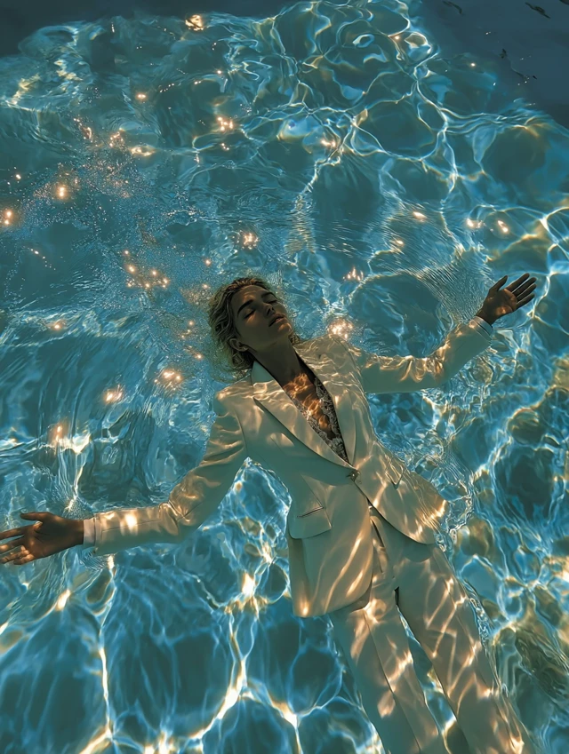 Woman in Dinner Suit Floating in Pool Drone Shot