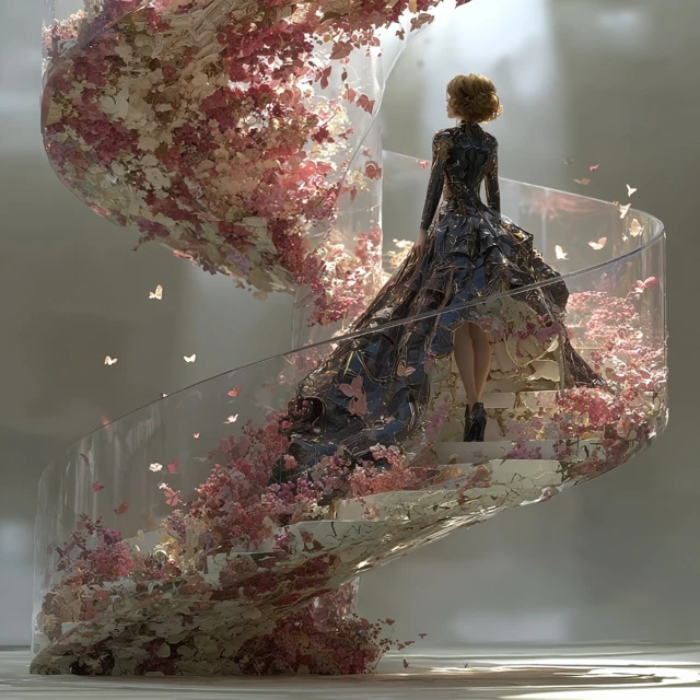 Cybernetic Cinderella Ascending a Spiral Staircase