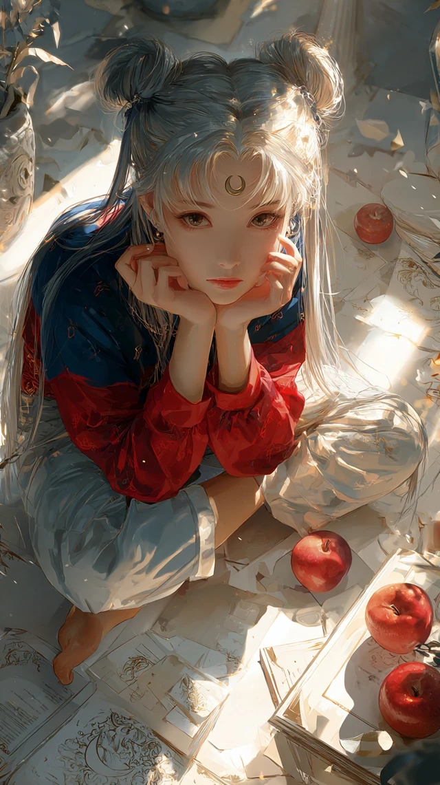Moon Hare Girl Art Illustration Silver Hair Bun