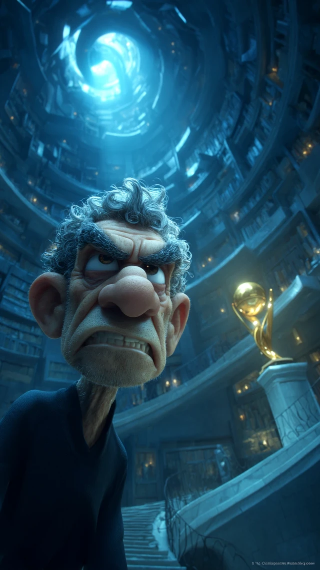 Grumpy Man Climbing for a Trophy: 3D Cartoon