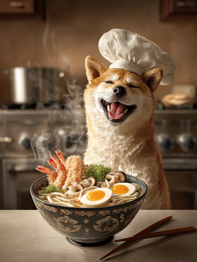 Chef Shiba Inu Smiling with Udon Noodles