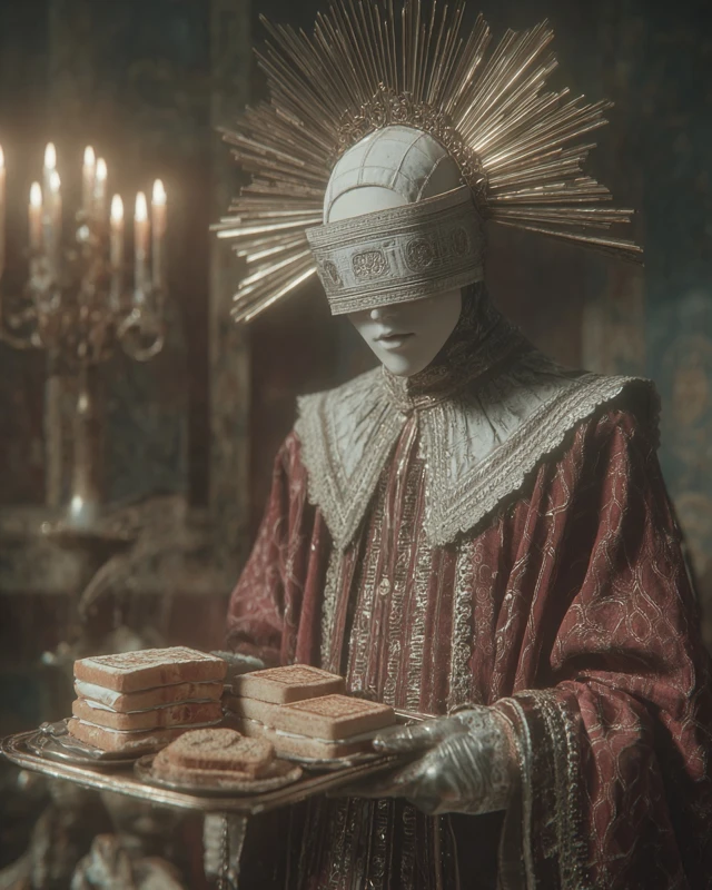 Surreal Priest with Bread Cinematic Image