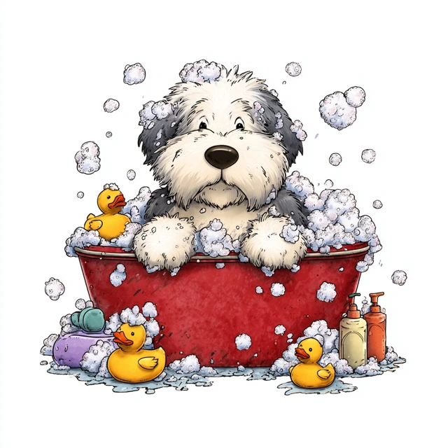 Old English Sheepdog in a Bubble Bath Clipart