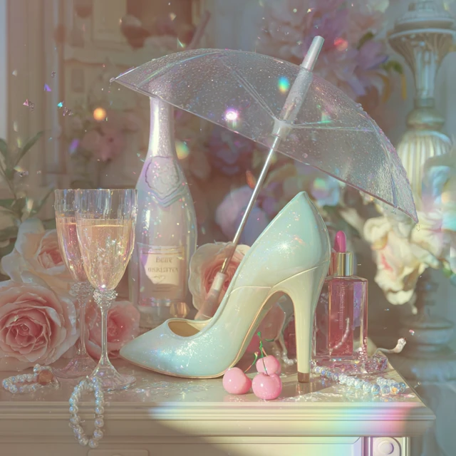 Luxury Scene Champagne Shoe Roses Pearls