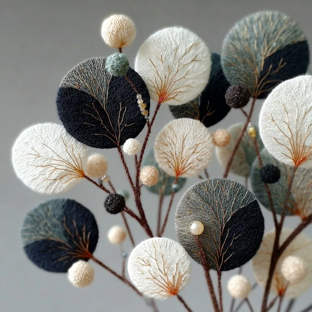 Embroidery Art Black White Gray Organic Design