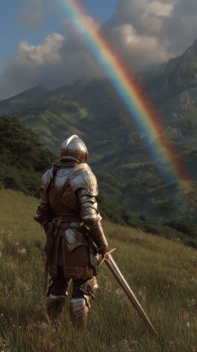 Knight with Rainbow Fantasy Scene