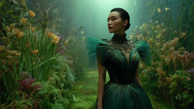 Surreal Portrait of Chinese Model in Emerald Dress