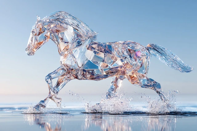 Crystal Horse Running on Water 3D Rendering