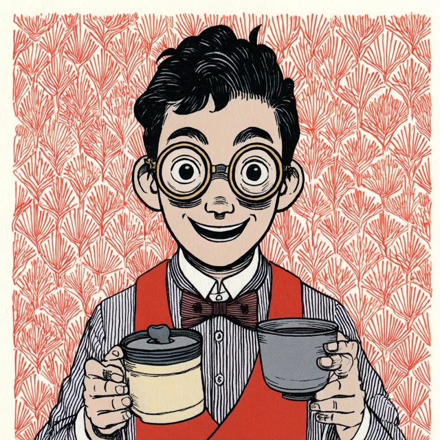 Tea Mascot Professor with Spinning Tea Bowls
