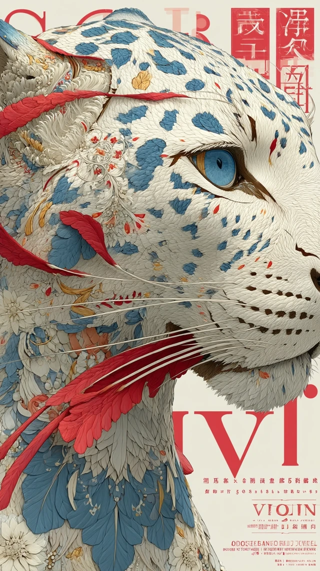 Anime Leopard Illustration with Red Ribbons and Calligraphy