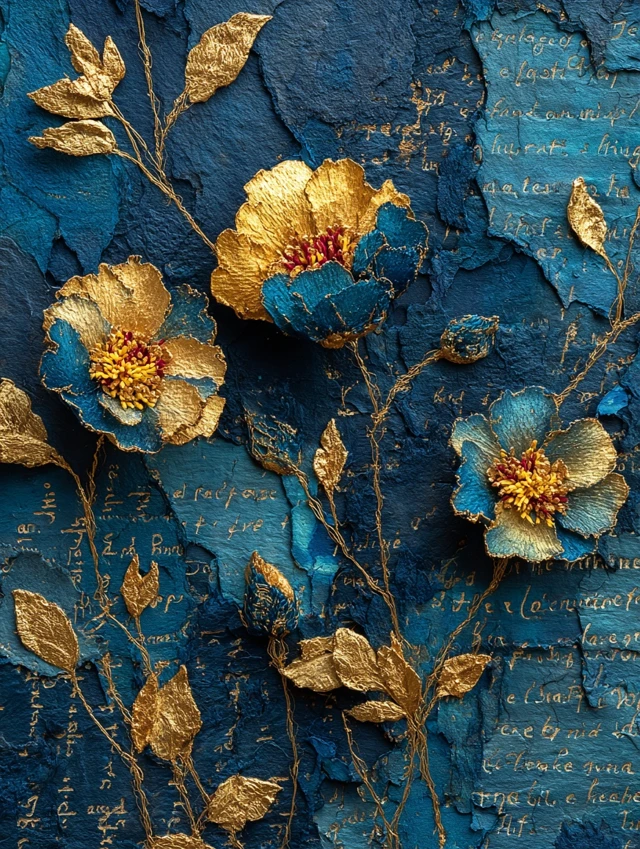 Gold Roses on Prussian Blue Art