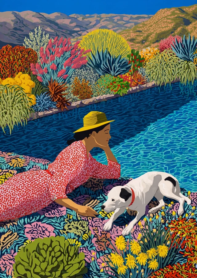 Poolside Scene Woman Dog Desert Plants Matisse