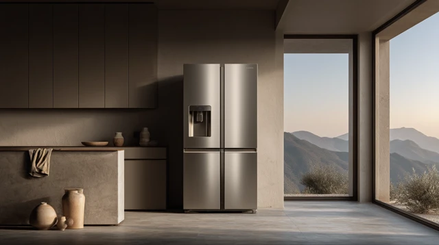 Minimalist Kitchen Design with Stainless Steel Refrigerator