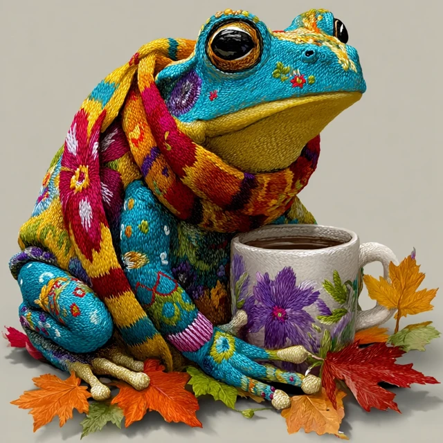 Embroidered Frog in Sweater and Scarf Illustration