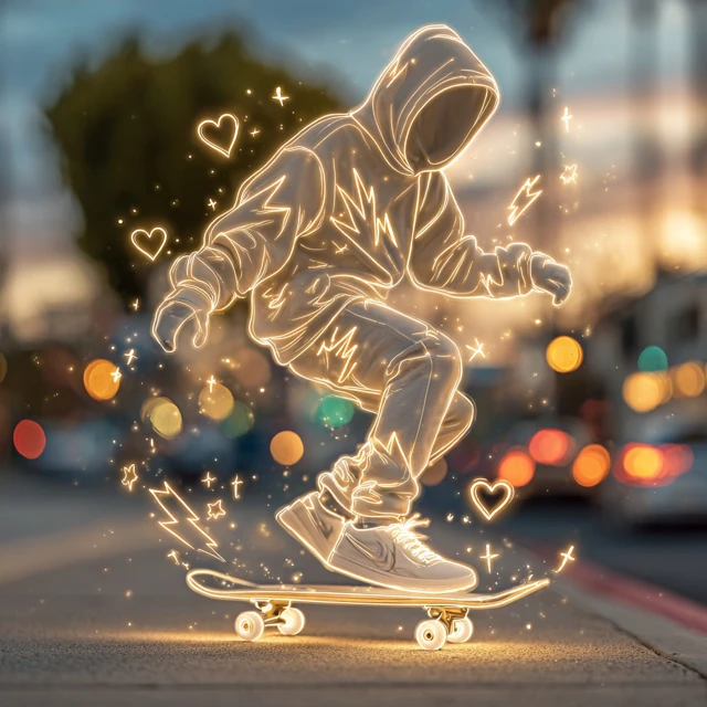 Glowing Skateboarder Golden Hour City Street Art