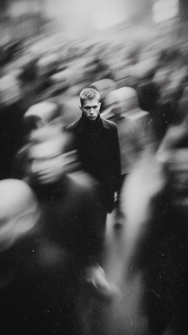 Man in Crowd Black and White Film Photography