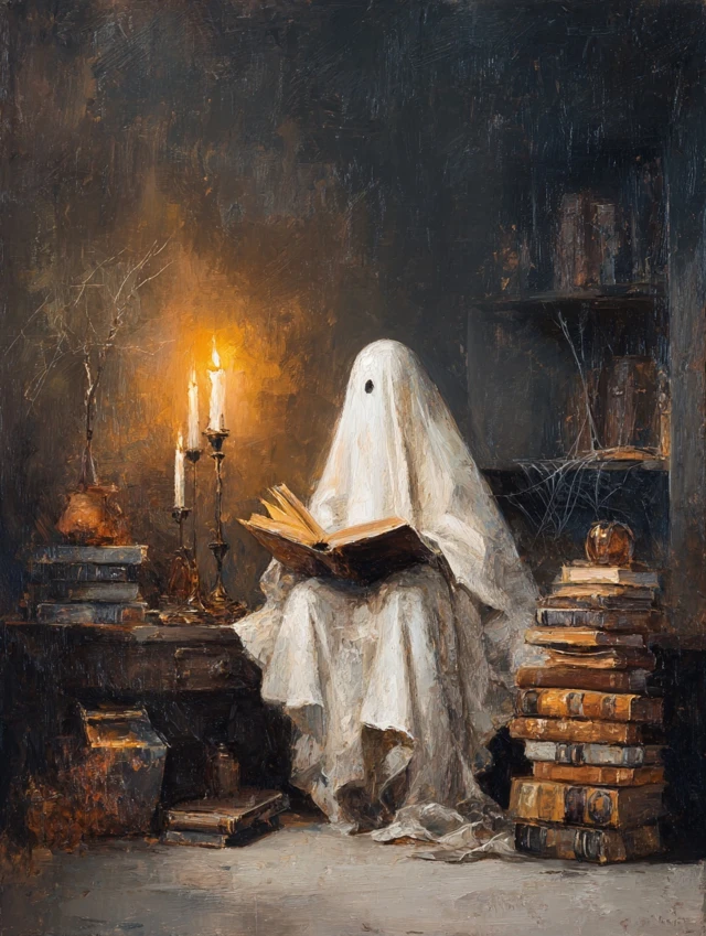 Halloween Ghost Reading Oil Painting