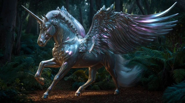 Realistic Unicorn with Wings Running Through Woods