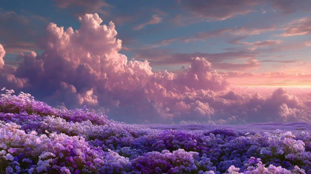 Purple Flowers and Fluffy Clouds Scenery