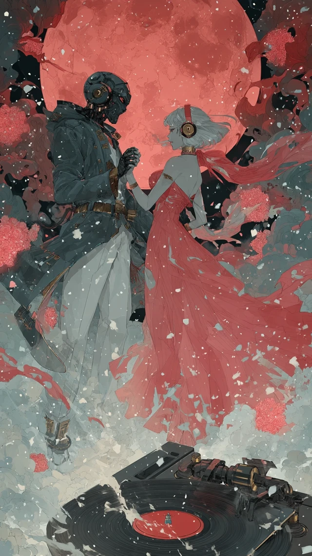 Anime Cyborgs Dancing Under a Red Moon