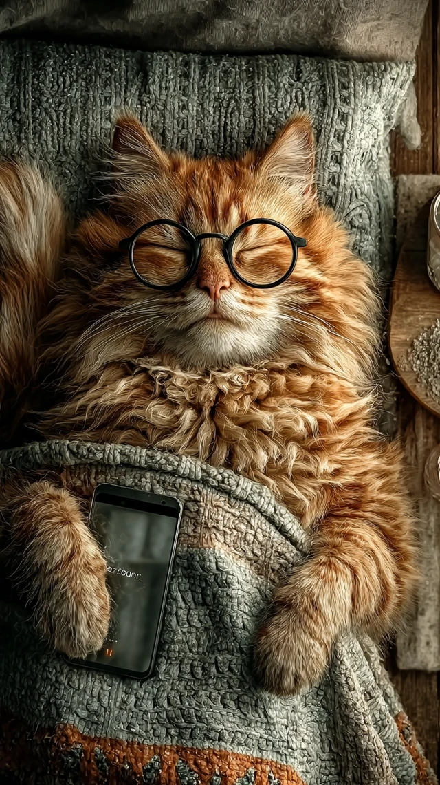 Orange Cat Relaxing with Glasses Cozy Bedroom Scene