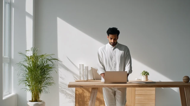 Indian Engineer Working on Laptop Minimalist Photo