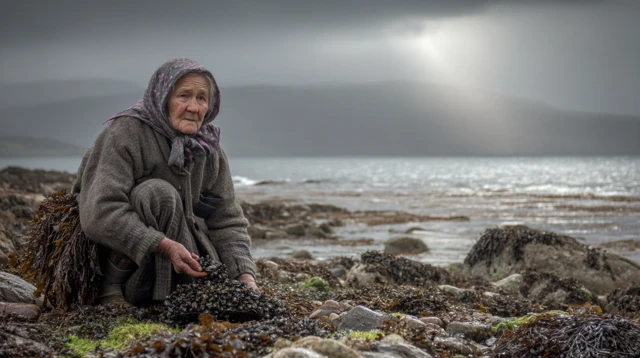Scottish Woman Collecting Mussels on Isle of Arran