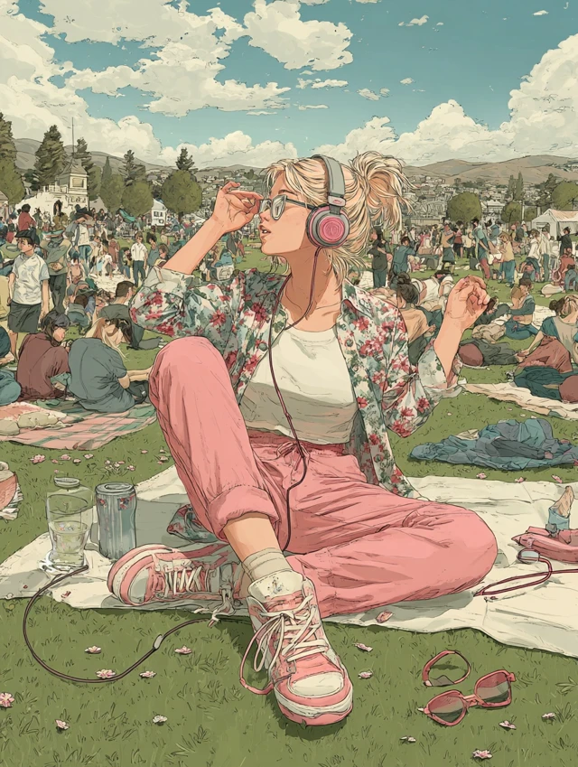Girl Listening to Music in Park Illustration