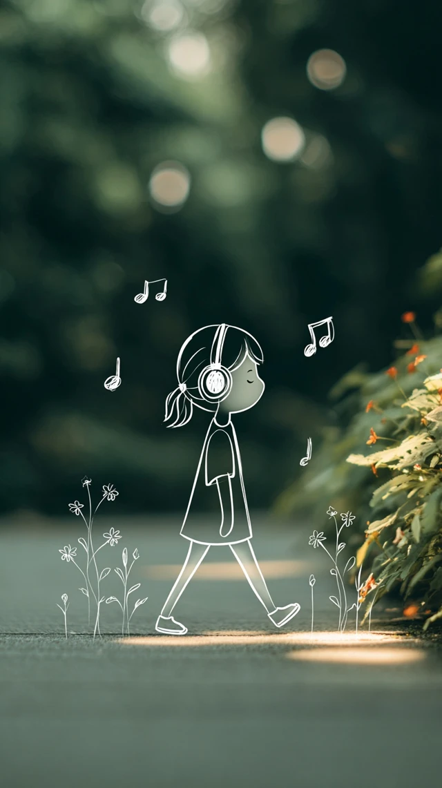 Girl Walking with Headphones Smiling and Listening to Music