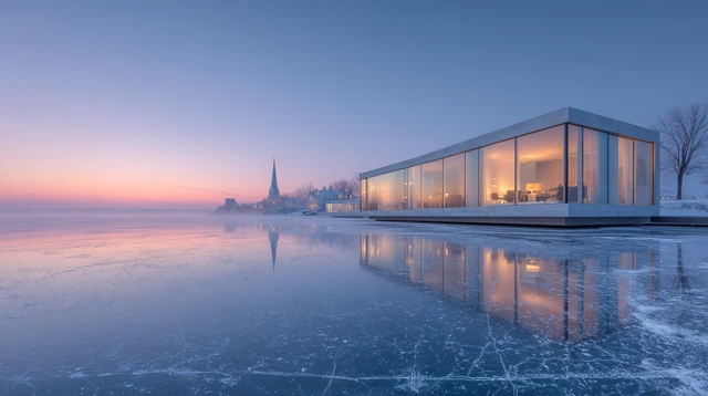 Modern Villa on Frozen Lake at Dawn