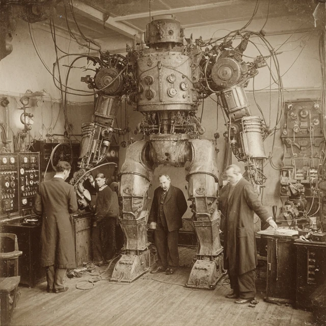 Vintage Robot Scientists in Victorian Era Workshop