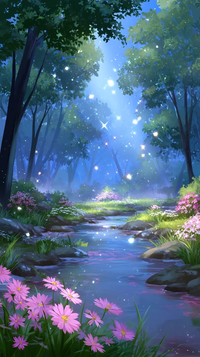 Anime Forest Stream Flowers Blue Sky Illustration