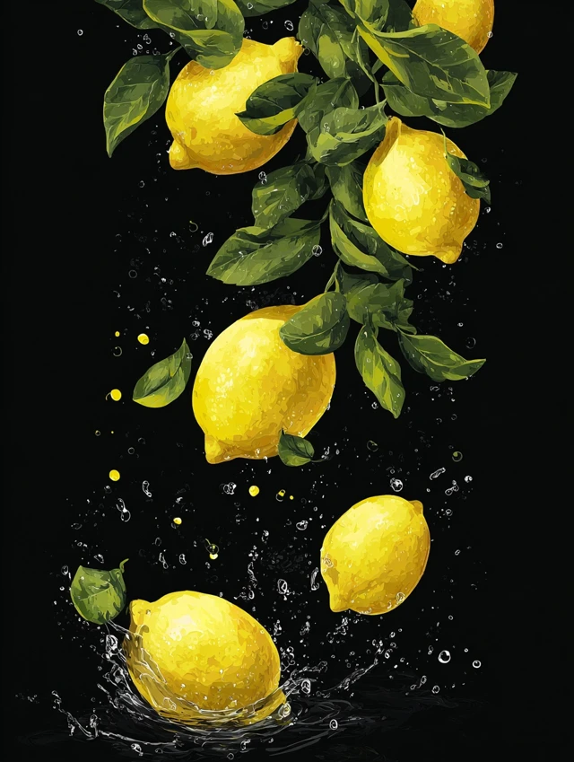 Lemon Poster Lemons Falling Water Splash Illustration