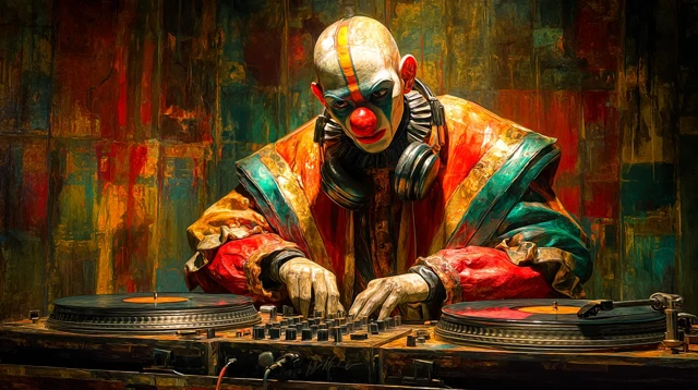Menacing Clown DJ Spinning Records