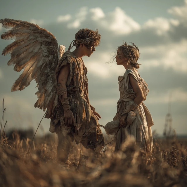 Angels in Field Young and Old with Wings