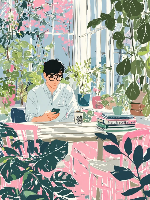 Cafe Scene East Asian Man with Smartphone