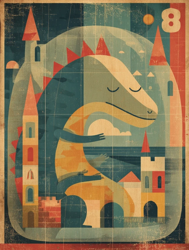 Dinosaur in Crystal Castle Mid Century Illustration