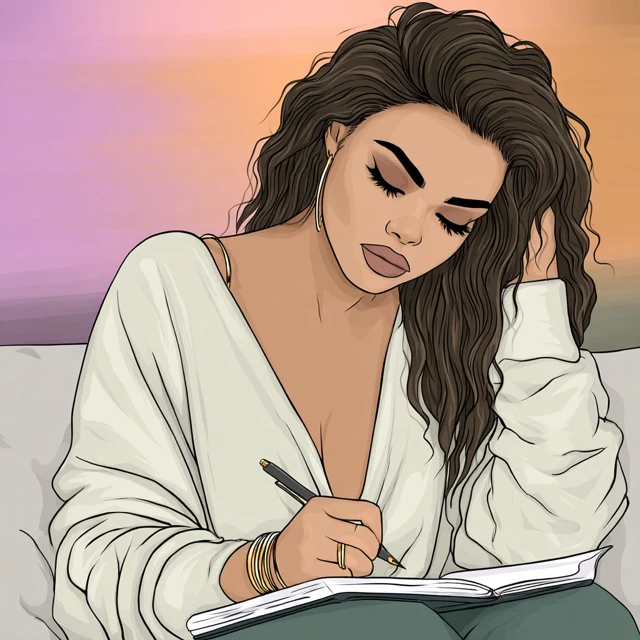 Dreamy Digital Illustration of Woman Writing in Notebook