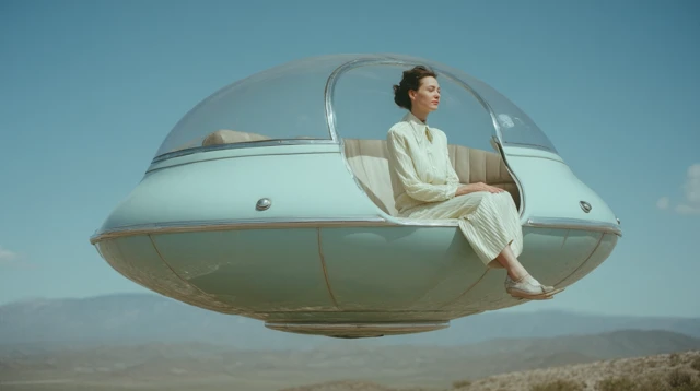 Woman in UFO Flying Above Desert Landscape