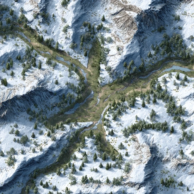 Snowy Mountain Map Valleys and Pine Forests