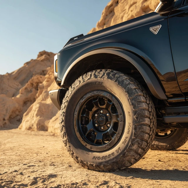 2021 Black Ford Bronco Wheel Closeup Desert